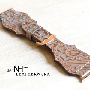 Leather Watch Band, Fancy Copper and Blue/Gray Floral, for Apple 38mm 40mm 41mm 42mm 44mm 45mm 49mm Fitbit Versa 2/Lite, Samsung Galaxy