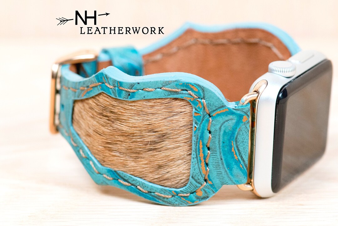 Leather Watch Band Turquoise Floral Embossed Hair on Hide for Apple