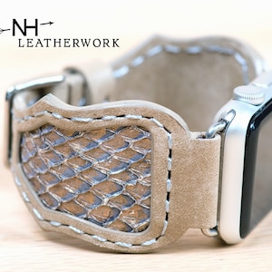 Leather Watch Band tan vachetta with brown, blue mermaid inlay Apple 38mm 40mm 41mm 42mm 44mm 45mm 46mm 49mm, Samsung Galaxy, Ultra 47