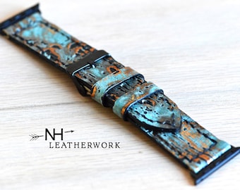 Leather Watch Band Strap, turquoise and black gold driftwood Apple 38mm 40mm 41mm 42mm 44mm 45mm 46mm 49mm, Samsung Galaxy 8, Ultra 47