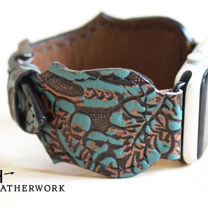 Leather Watch Band Strap, fancy turquoise and black floral embossed for Apple 38/40/41mm 42/44/45/49mm Fitbit Versa 2, Samsung Galaxy
