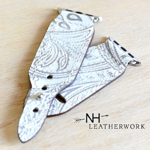 Leather watch band, white and ivory paisley floral embossed for Apple 38mm 40mm 41mm, 42mm 44mm 45mm 49mm Fitbit Versa 2/Lite Samsung Galaxy