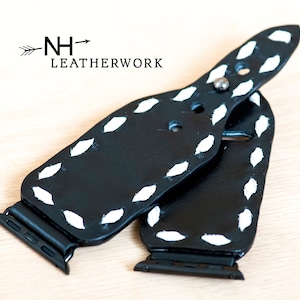 Leather Watch Band White Kangaroo buckstitch on Black Kangaroo Apple 38mm 40mm 41mm 42mm 44mm 45mm 46mm 49mm Samsung Galaxy Ultra 47 Watch 8