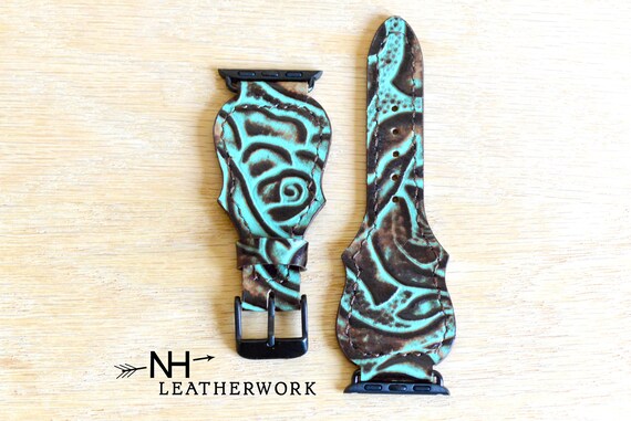 Leather Watch Band Fancy Turquoise and Rose Floral Embossed  display picture 1