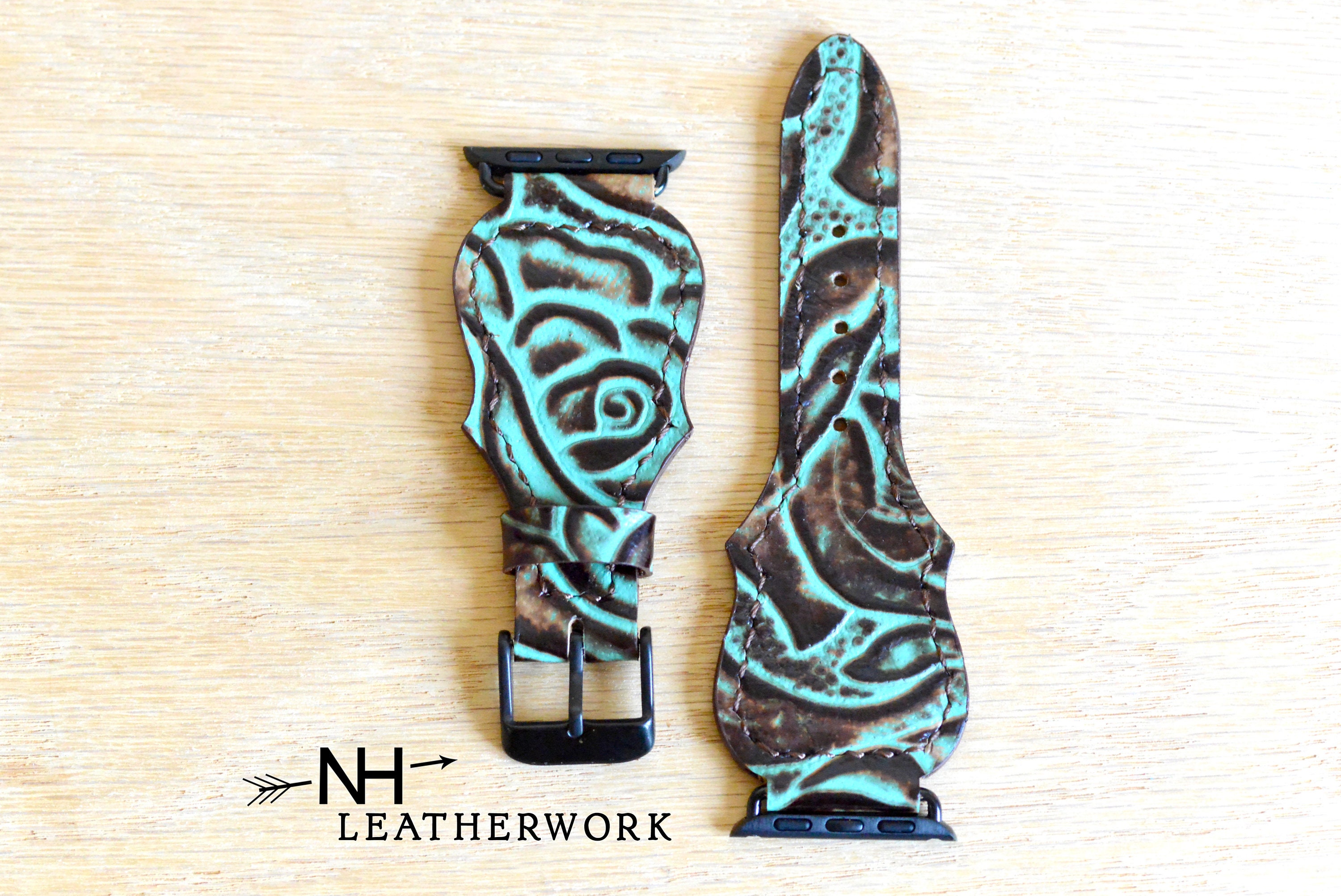 Hadlock Designs Turquoise Floral Leather Apple Watch Band 40mm Rose Gold Boho Leather Watch Band Strap, Turquoise and Rose Floral Embossed  main image 2