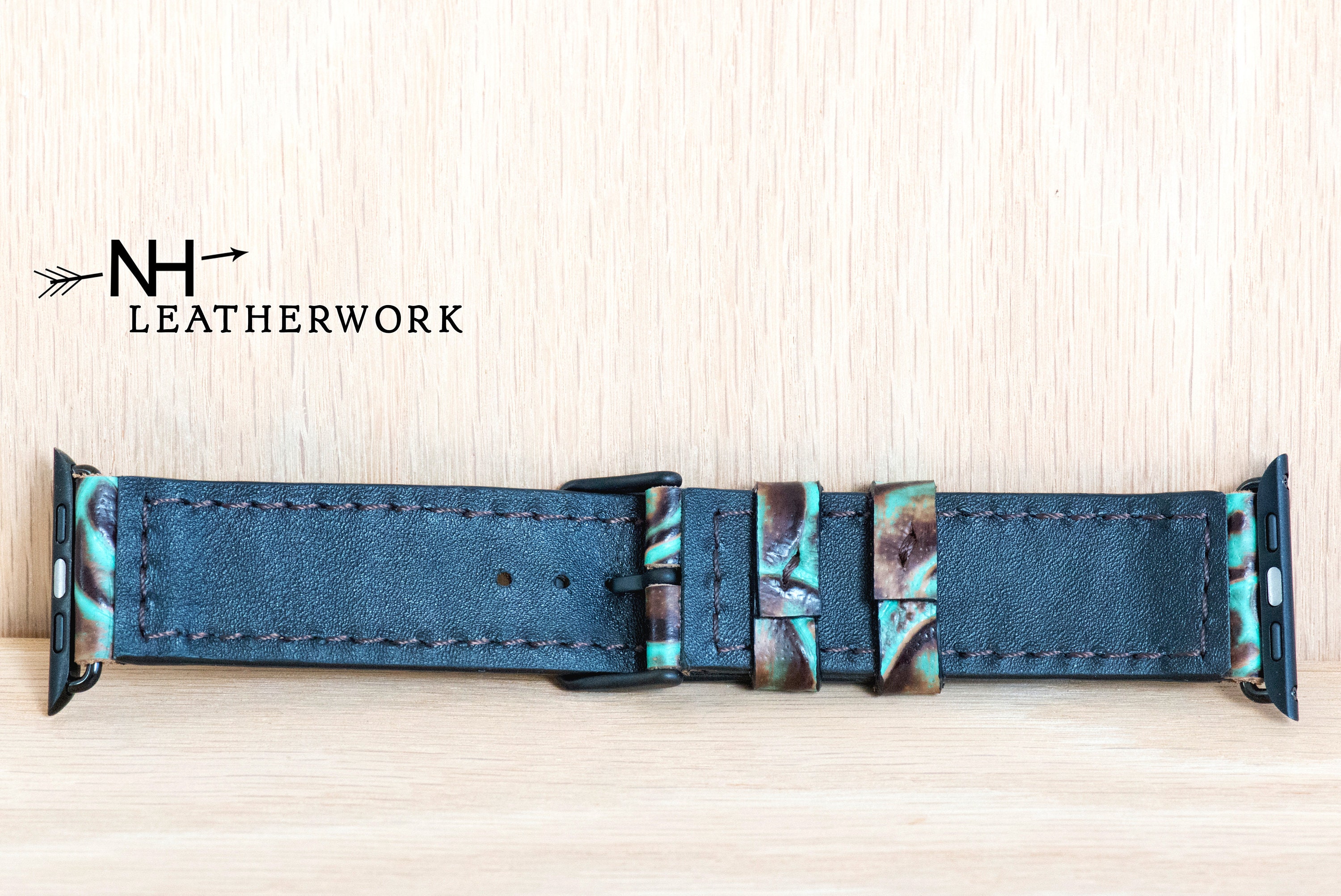 Turquoise Flower Genuine Leather Apple Watch Band - Size 38mm-41mm Leather Apple Watch Band 38 40 41 Mm Western Tooled  main image 3