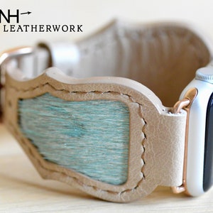 Leather Watch Band Strap, blue acid wash hair on hide inlay Apple 38mm 40mm 41mm 42mm 44mm 45mm 46mm 49mm, Samsung Galaxy Ultra 47 Watch 8