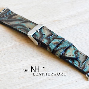 Leather Watch Band Strap, chocolate and turquoise rose floral embossed, for Apple 38/40/41mm 42/44/45/49mm Fitbit Versa 2, Samsung Galaxy