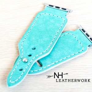 Leather Apple watch band, vintage mint vachetta, for Apple 38mm 40mm 41mm 42mm 44mm 45mm 46mm 49mm, Samsung Galaxy Ultra 47 Watch 8