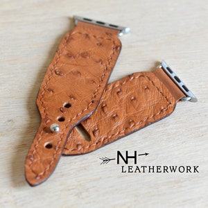 Leather Watch Band Strap, saddle tan ostrich and kangaroo hide, Apple 38mm 40mm 41mm 42mm 44mm 45mm 46mm 49mm Samsung Galaxy Ultra 47 Watch8
