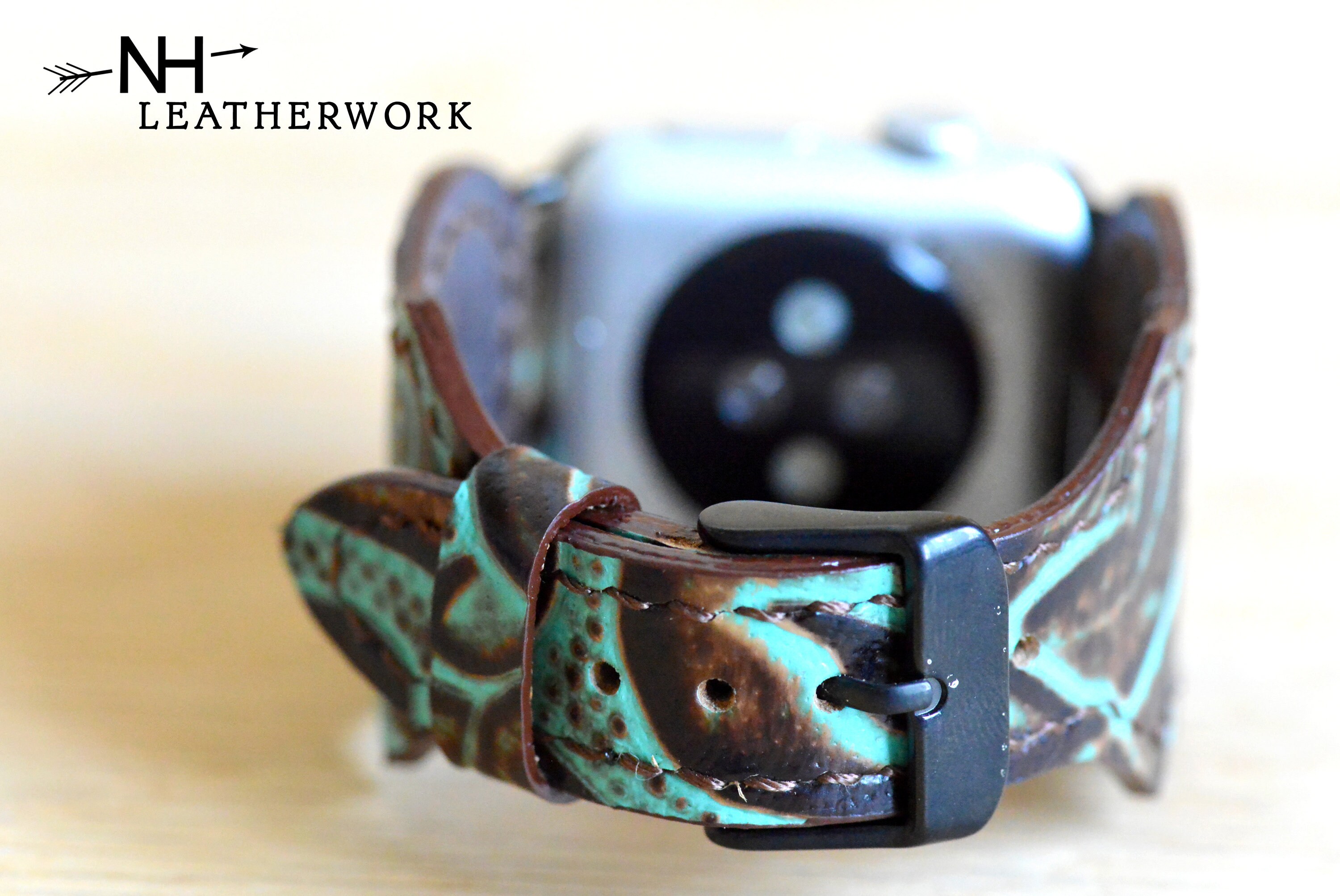 Hadlock Designs Turquoise Floral Leather Apple Watch Band 40mm Rose Gold Boho Leather Watch Band Strap, Turquoise and Rose Floral Embossed  main image 4