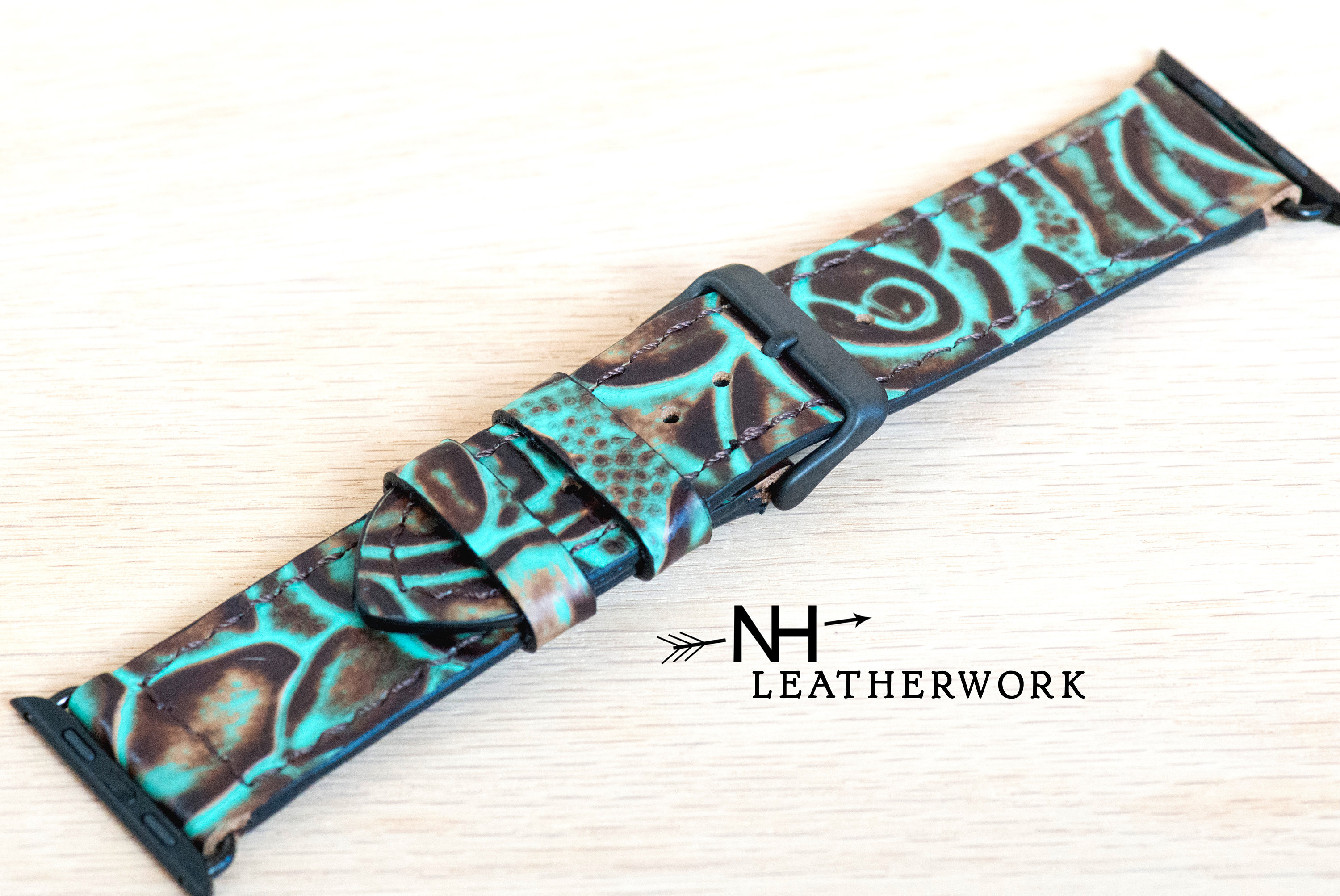Leather Watch Band Strap, Turquoise and Rose Floral Embossed  display picture 3