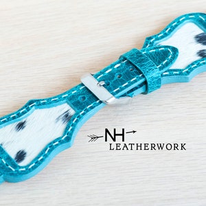 Leather Watch Band turquoise with black spots hair on hide inlay for Apple 38mm 40mm 41mm 42mm 44mm 45mm 46mm 49mm, Samsung Galaxy, Ultra 47