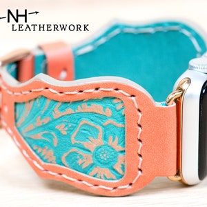 Leather Watch Band Strap, Coral and Turquoise Floral Inset for Apple 38mm 40mm 41mm 42mm 44mm 45mm 49mm Fitbit Versa 2/Lite, Samsung Galaxy