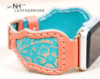 Leather Watch Band Strap, Coral and Turquoise Floral Inset for Apple 38mm 40mm 41mm 42mm 44mm 45mm 49mm Fitbit Versa 2/Lite, Samsung Galaxy