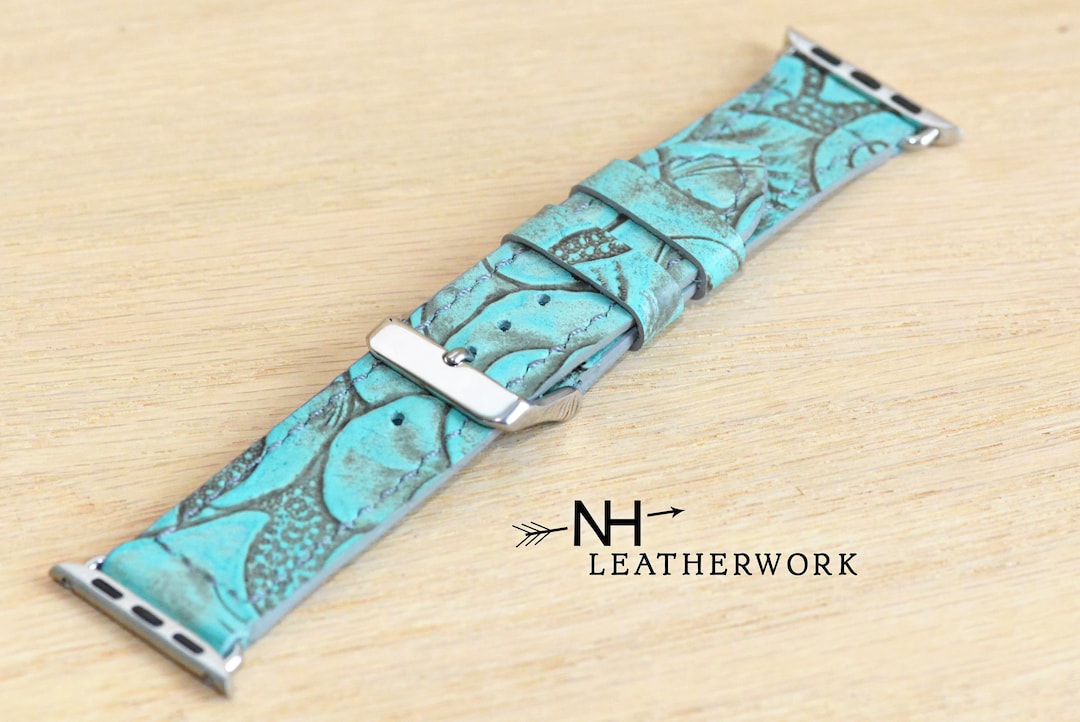 Hadlock Designs Turquoise Floral Leather Apple Watch Band 40mm Rose Gold Boho Leather Watch Band - Hand Carved Floral Design, Turquoise  main image 4