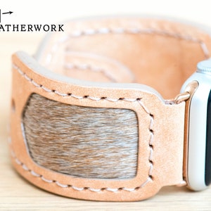 Leather Watch Band peachy roan vachetta with hair on hide inset, for Apple 38/40/41/42/44/45/49 mm, Fitbit Versa 2/Lite, Samsung Galaxy
