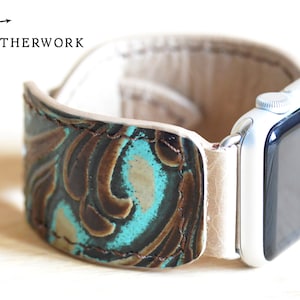 Leather Watch Band Strap, turquoise and tan floral embossed Apple 38mm 40mm 41mm 42mm 44mm 45mm 46mm 49mm, Samsung Galaxy Ultra 47 Watch 8