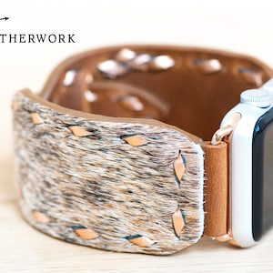 Leather Watch Band Roo Buckstitch hair on hide peachy brindle Apple 38mm 40mm 41mm 42mm 44mm 45mm 49mm Fitbit Versa 2/Lite Samsung Galaxy