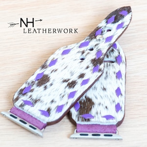 Leather Watch Band Buckstitch hair on hide purple with brown spots, for Apple 38/40/41/42/44/45/49 mm, Fitbit Versa 2/Lite, Samsung Galaxy