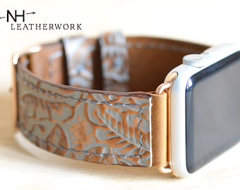 Leather Watch Band Strap, rose gold and gray highlights floral embossed for Apple 38/40/41mm 42/44/45/49mm Fitbit Versa 2, Samsung Galaxy