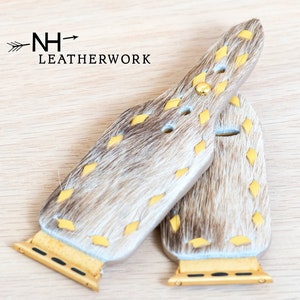 Leather Watch Band Buckstitch hair on hide yellow cream roan, for Apple 38/40/41/42/44/45/49 mm, Fitbit Versa 2/Lite, Samsung Galaxy