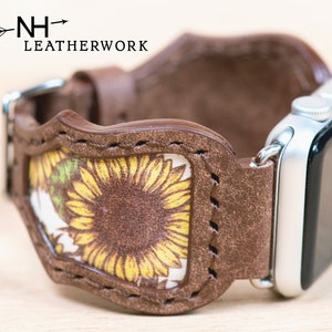 Leather Watch Band Strap, brown vachetta with sunflower inset for Apple 38/40/41mm 42/44/45/49mm Fitbit Versa 2, Samsung Galaxy