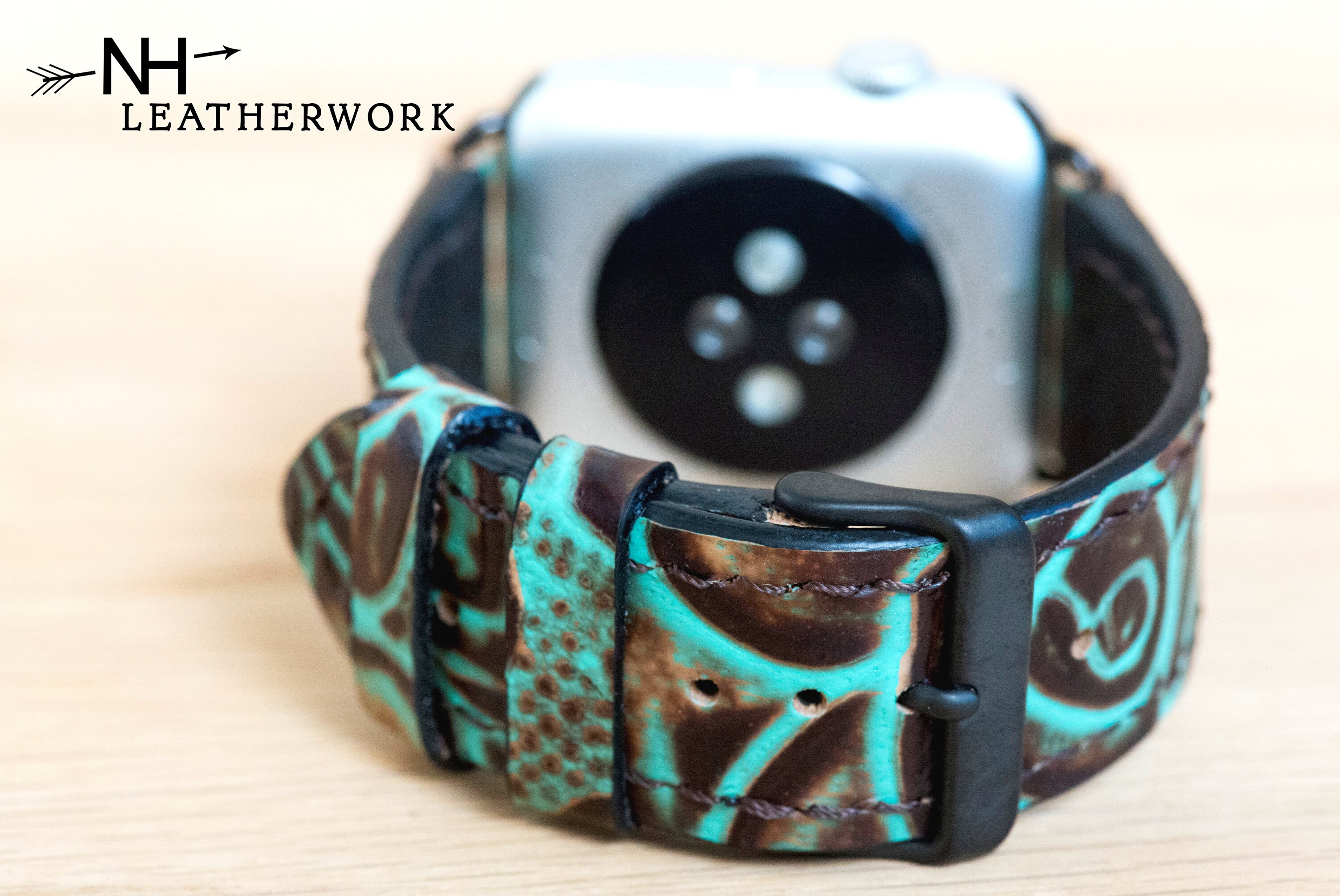 Turquoise Flower Genuine Leather Apple Watch Band - Size 38mm-41mm Leather Apple Watch Band 38 40 41 Mm Western Tooled  main image 4