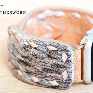 Leather Watch Band Buckstitch hair on hide peach roan vachetta for Apple 38/40/41/42/44/45/49 mm, Fitbit Versa 2/Lite, Samsung Galaxy