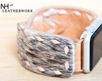 Leather Watch Band Buckstitch hair on hide peach roan vachetta for Apple 38/40/41/42/44/45/49 mm, Fitbit Versa 2/Lite, Samsung Galaxy