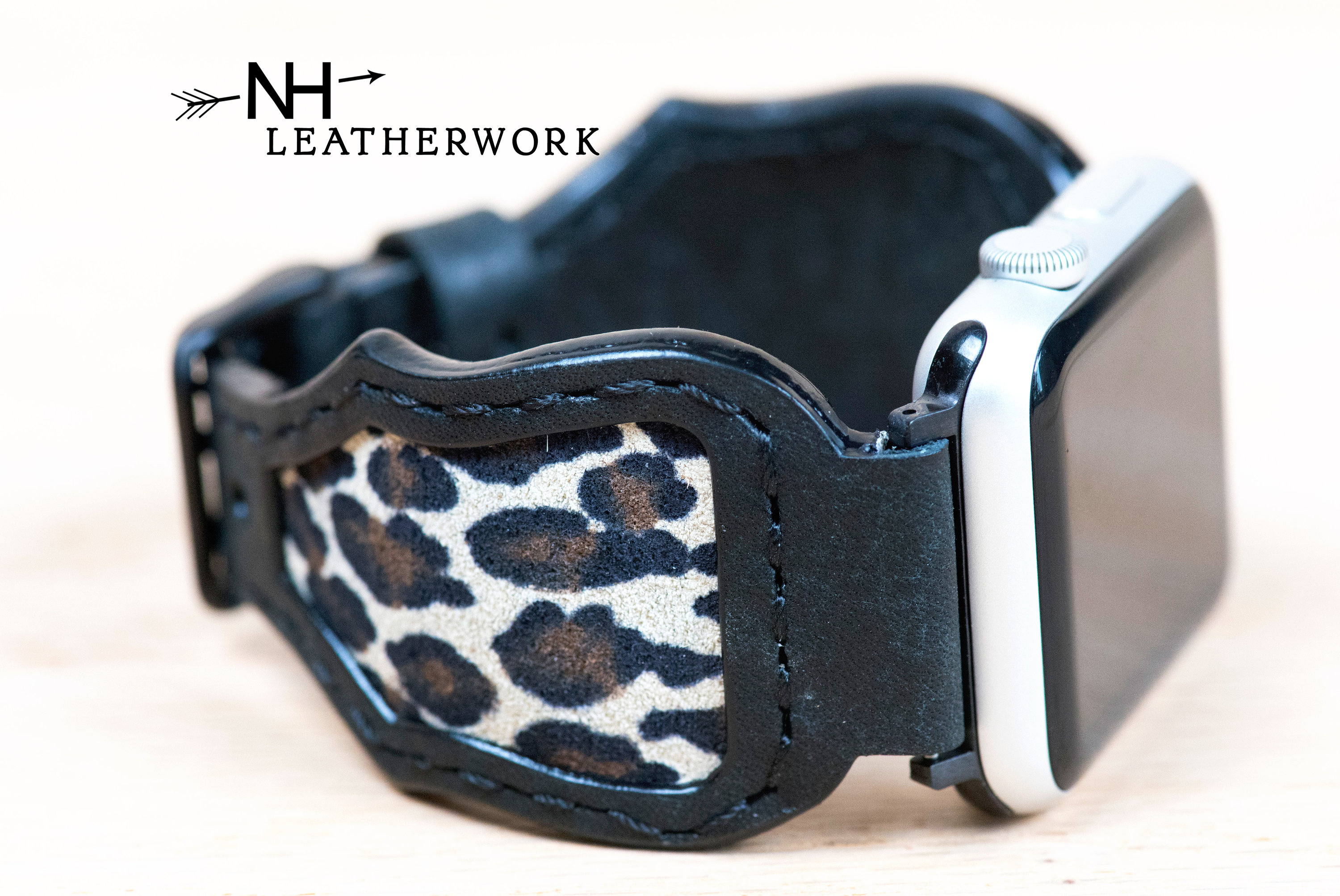 Leather Watch Band Brown Vachetta With Leopard Print Inlay 