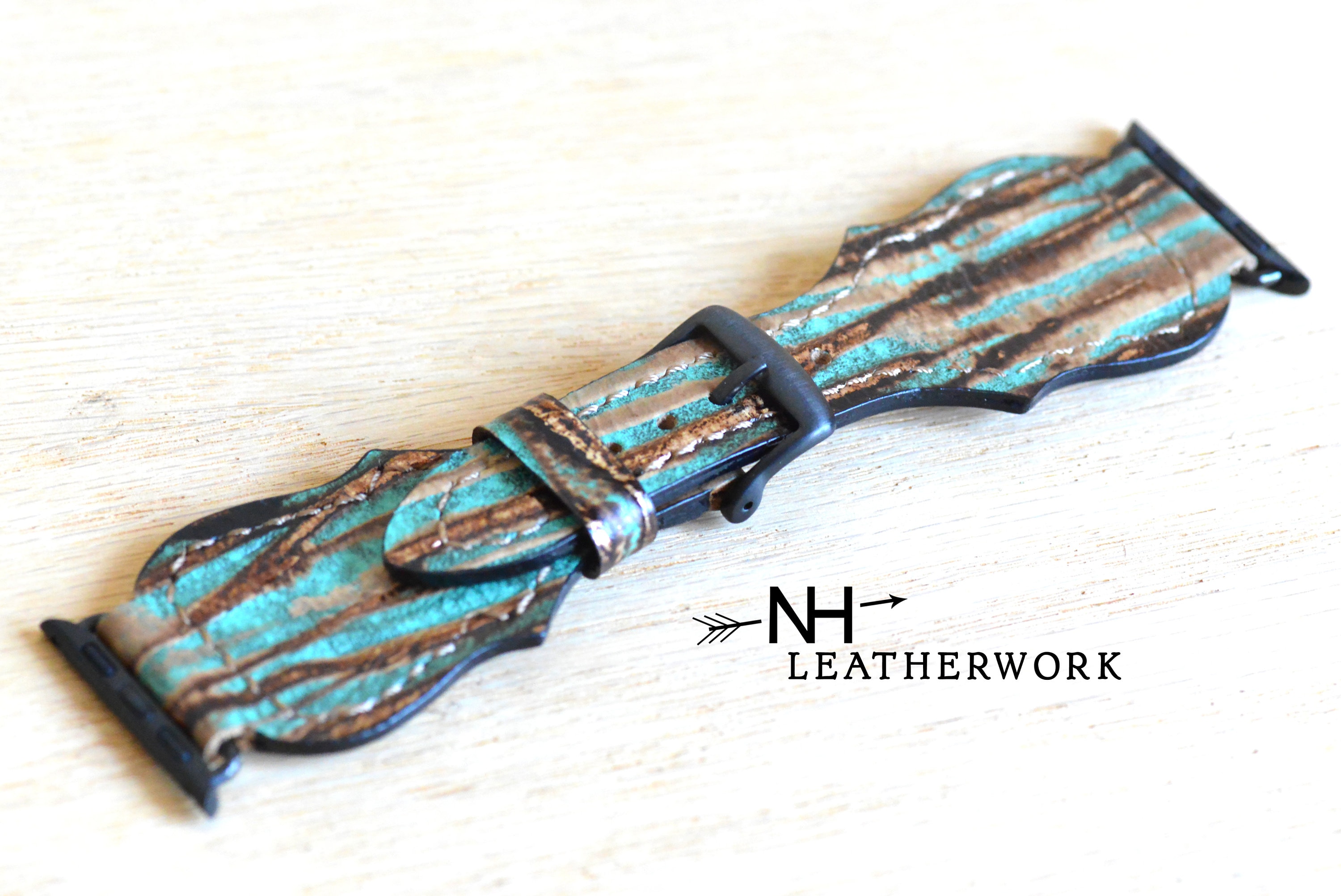 Leather Watch Band Strap Fancy molten bronze and turquoise for Apple…