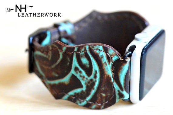 Leather Watch Band Fancy Turquoise and Rose Floral Embossed  display picture 1