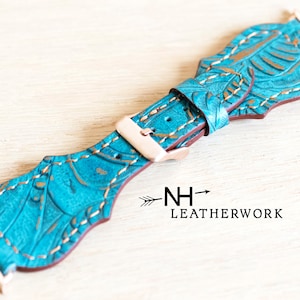Leather Watch Band, Fancy Copper and turquoise Floral, for Apple 38mm 40mm 41mm 42mm 44mm 45mm 49mm Fitbit Versa 2/Lite, Samsung Galaxy