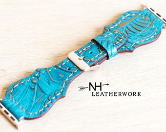 Leather Watch Band, Fancy Copper and turquoise Floral, for Apple 38mm 40mm 41mm 42mm 44mm 45mm 49mm Fitbit Versa 2/Lite, Samsung Galaxy