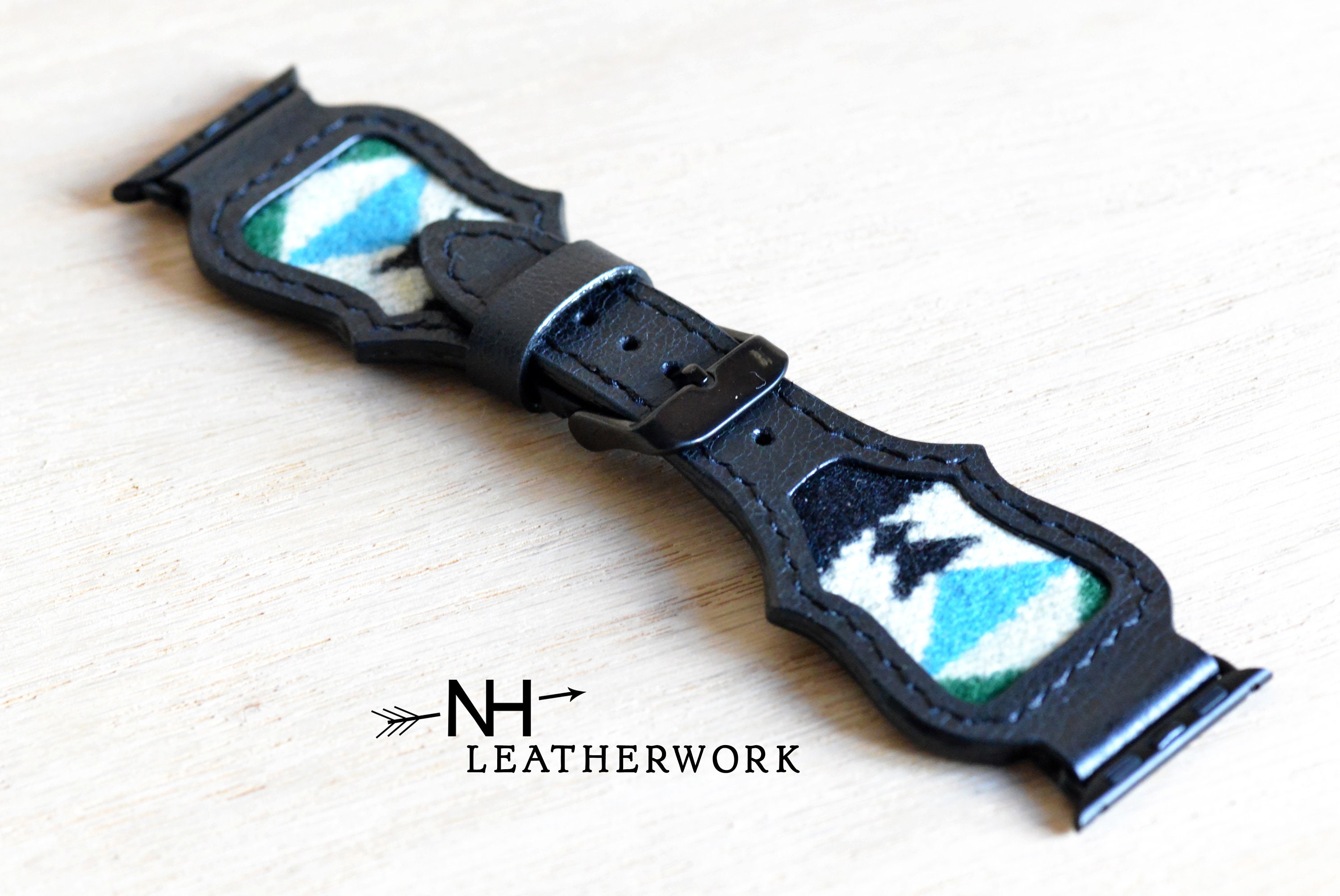 Leather Watch Band Pendleton Wool Black and Turquoise Arrow