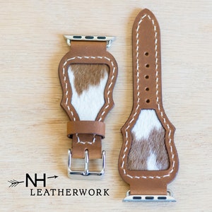 Leather Watch Band Strap, hair on hide inlay with saddle tan oil tan Apple 38mm 40mm 41mm 42mm 44mm 45mm 46mm 49mm Samsung Galaxy 8 Ultra 47