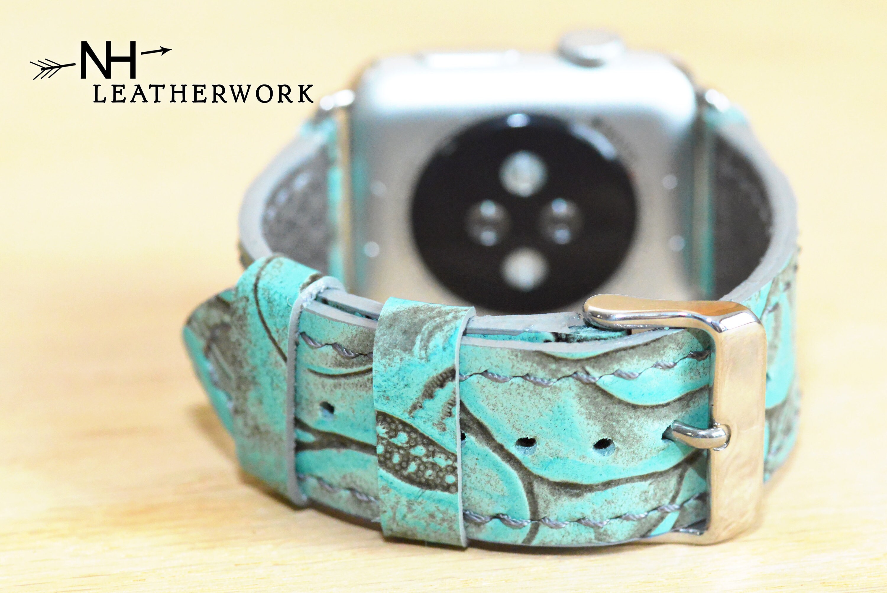 Leather Watch Band Strap, Turquoise and Rose Floral Embossed 