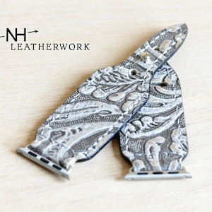Leather Apple watch band, Gray and Silver Floral Embossed for Apple 38mm 40mm 41mm 42mm 44mm 45mm 49mm Fitbit Versa 2/Lite Samsung Galaxy