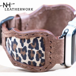Leather Watch Band brown vachetta with leopard print inlay Apple 38mm 40mm 41mm 42mm 44mm 45mm 49mm Fitbit Versa 2/Lite, Samsung Galaxy