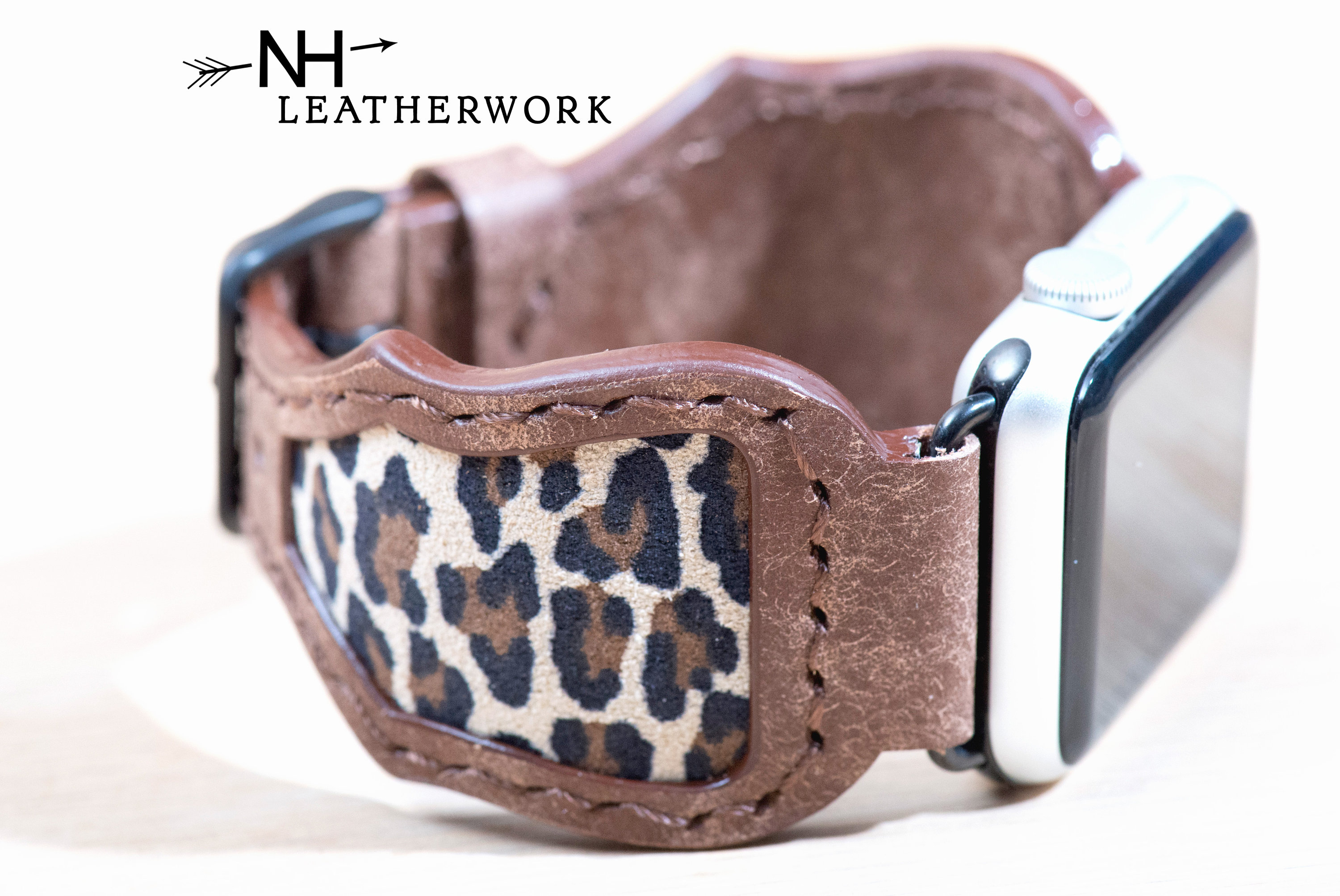 Leather Watch Band Brown Vachetta With Leopard Print Inlay  display picture 1