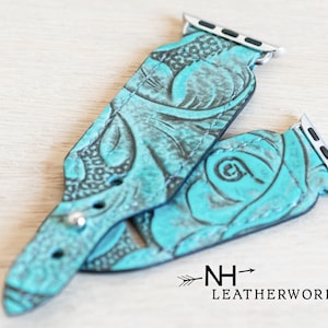 Leather Apple watch band, Turquoise Rose Embossed for Apple 38mm 40mm 41mm 42mm 44mm 45mm, 49mm Fitbit Versa 2/Lite Samsung Galaxy