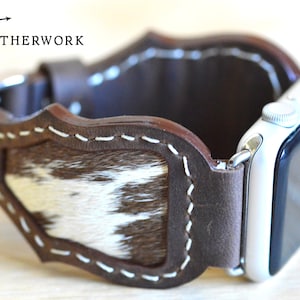 Leather Watch Band Strap, hair on hide inlay with chocolate oil tan, Apple 38mm 40mm 41mm 42mm 44mm 45mm 46mm 49mm, Samsung Galaxy, Ultra 47