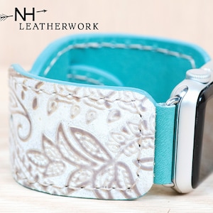 Leather Watch Band Strap turquoise and ivory paisley embossed, Apple 38mm 40mm 41mm 42mm 44mm 45mm 49mm Fitbit Versa 2/Lite, Samsung Galaxy