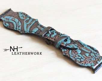 Leather Watch Band Strap, Turquoise Black Floral Embossed for Apple 38/40/41mm 42/44/45/49mm Fitbit Versa 2/Lite, Samsung Galaxy Watch