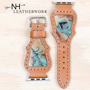 Leather Watch Band brown with turquoise feather inlay for Apple 38mm 40mm 41mm 42mm 44mm 45mm 49mm Fitbit Versa 2/Lite, Samsung Galaxy