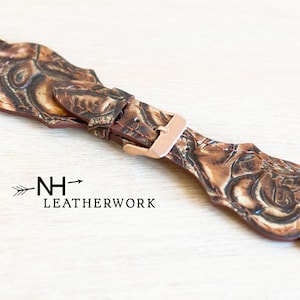 Leather Watch Band Strap, fancy burnt orange rose floral embossed, for Apple 38/40/41mm 42/44/45/49mm Fitbit Versa 2, Samsung Galaxy Watch