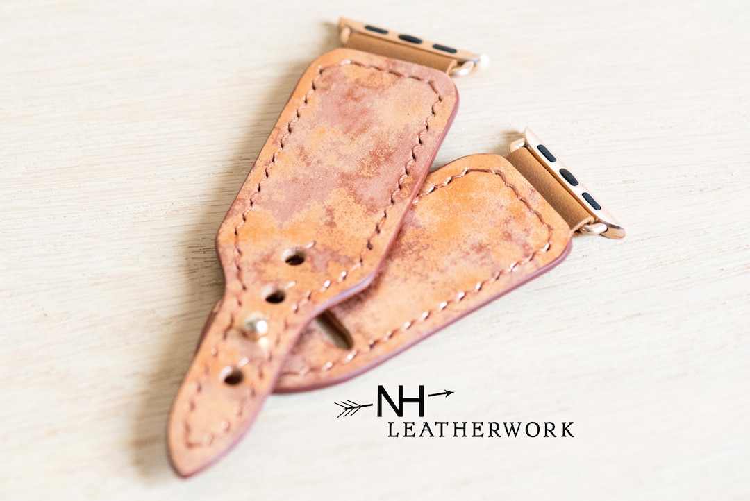 Leather Apple Watch Band, Saddle Tan Shimmer and Rose Gold for