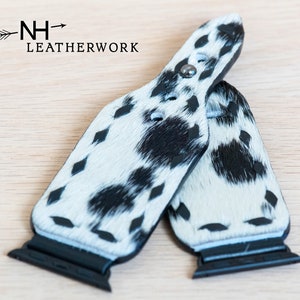 Leather Watch Band buckstitch hair on hide black white spotted Apple 38mm 40mm 41mm 42mm 44mm 45mm 46mm 49mm, Samsung Galaxy Ultra 47 Watch8