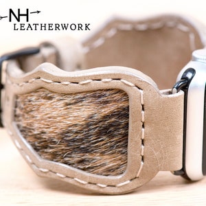 Leather Watch Band tan vachetta and roan hair on hide for Apple 38mm 40mm 41mm 42mm 44mm 45mm 46mm 49mm, Samsung Galaxy Ultra 47 Watch 8
